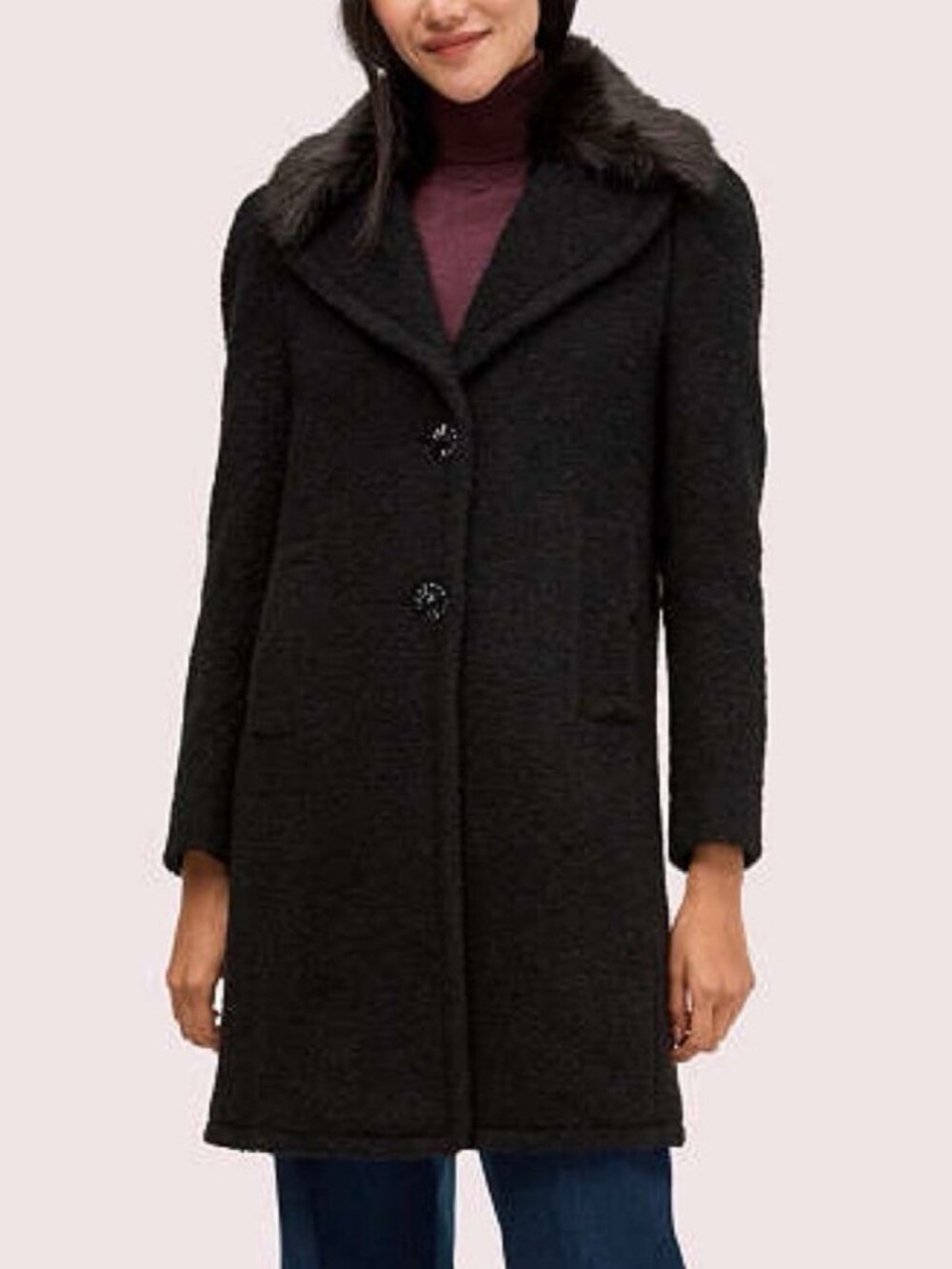 New Kate Spade Wool Blend Faux Fur Trim Coat Black 0, XS $798